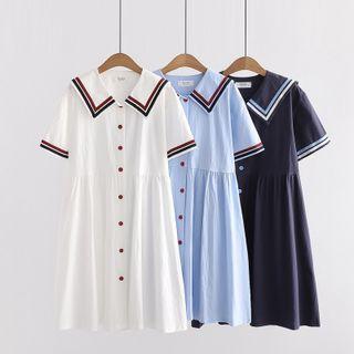 Short-sleeve Contrast Trim Button-up Midi Dress