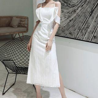Spaghetti-strap Ruffled Off-shoulder Slit Cocktail Dress