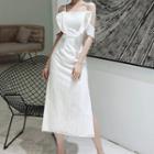 Spaghetti-strap Ruffled Off-shoulder Slit Cocktail Dress