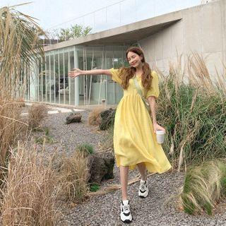 Puff-sleeve Embossed Dress