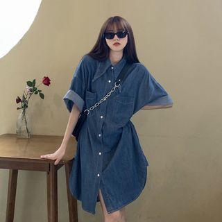 Elbow-sleeve Denim Shirtdress Denim Blue - One Size