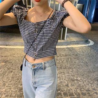 Off-shoulder Check Cropped Blouse