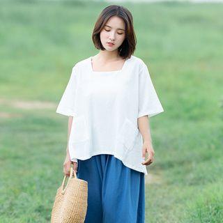 Elbow-sleeve Square-neck Top
