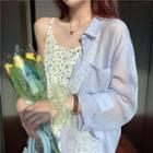 Plain Long-sleeve Blouse / Spaghetti Strap Floral Midi A-line Dress