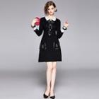 Long-sleeve Embroidered Knit Dress Black - One Size