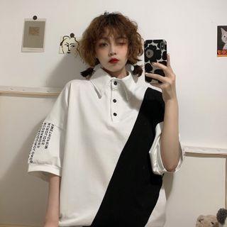 Short-sleeve Lettering Paneled Polo Shirt White & Black - One Size