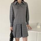 Puff-sleeve Plaid Midi A-line Dress / Knit Vest