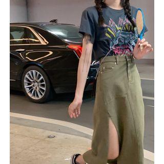 Short-sleeve Printed T-shirt / Slit Midi Skirt