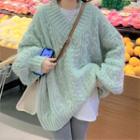 V-neck Cable Knit Sweater Light Green - One Size