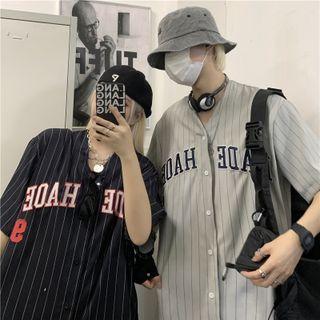 Lettering Embroidered Striped Button-up Top (various Designs)
