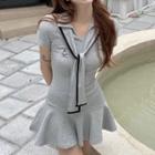 Short-sleeve Tie Neck Polo Dress Gray - One Size