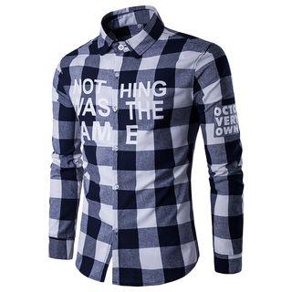 Long-sleeved Open-front Lettering Gingham Slim Blouse