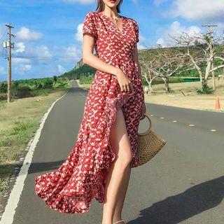 Short-sleeve Floral Asymmetrical Midi Wrap Dress