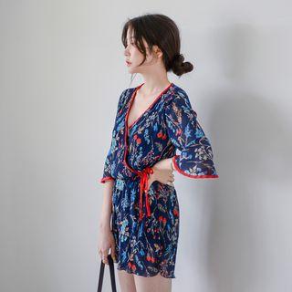 3/4-sleeve Wrap-front Floral Jumpsuit