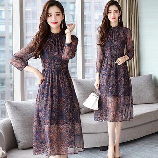 Printed 3/4-sleeve Midi Chiffon A-line Dress
