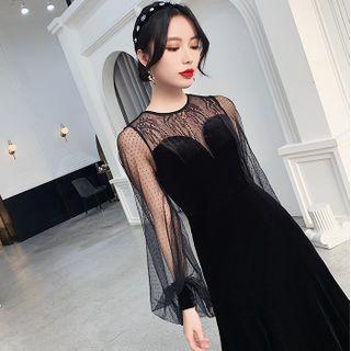 Dotted Panel Long-sleeve Sheath Evening Gown