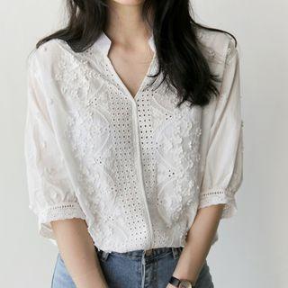 V-neck Embroidered Eyelet Blouse