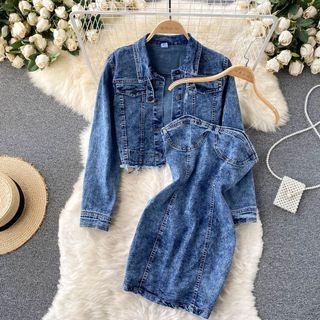 Set Of 2 : Fray-trim Retro Cropped Denim Jacket + Suspender Denim Dress