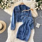 Set Of 2 : Fray-trim Retro Cropped Denim Jacket + Suspender Denim Dress