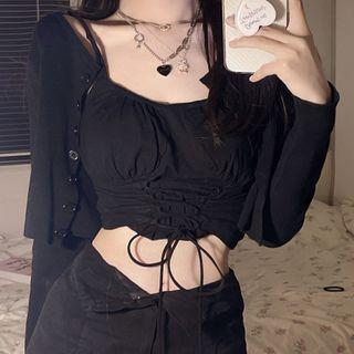 Cropped Lace-up Camisole / Long-sleeve Plain Cropped Cardigan