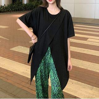 Short-sleeve Slit T-shirt / Print Wide Leg Pants