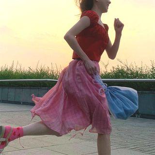 Square-neck Short-sleeve Blouse / Checked Drawstring Midi A-line Skirt
