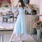 Embroidered Sleeveless Midi A-line Dress / Elbow-sleeve Chiffon Long Jacket / Set