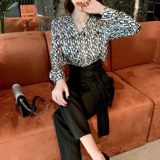 Set; Patterned Blouse + Straight-cut Pants