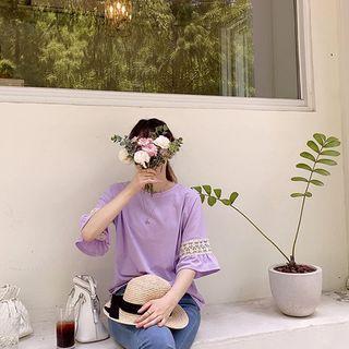 Bell-sleeve Crochet-trim T-shirt