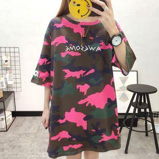 Elbow-sleeve Camo Print Long T-shirt