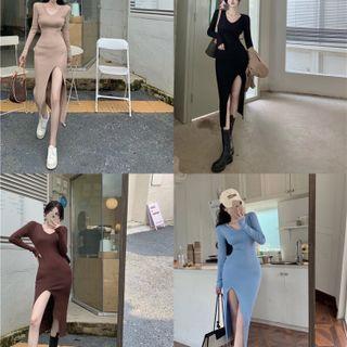 Plain Midi Knit Slit Dress