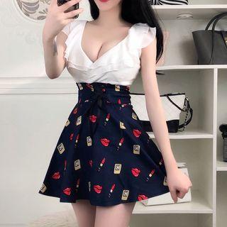 Sleeveless V-neck Print Panel Mini A-line Dress