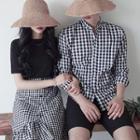 Couple Matching Ruffle Hem Plaid A-line Skirt / Plain Short-sleeve T-shirt / Plaid Shirt
