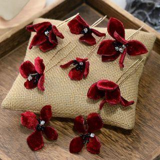 Set Of 6: Flower Flannel Hair Stick + Earring 6 Pcs - Hairpin & 1 Pair - Clip On Earring - Wine Red - One Size