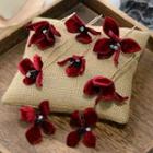 Set Of 6: Flower Flannel Hair Stick + Earring 6 Pcs - Hairpin & 1 Pair - Clip On Earring - Wine Red - One Size