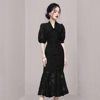 Short-sleeve Tie-neck Midi Mermaid Dress