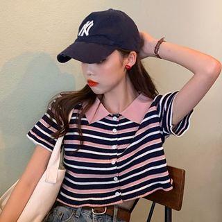 Striped Short-sleeve Cropped Top As Shown In Figure - One Size