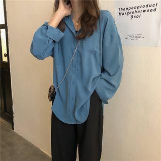 Plain Long-sleeve Loose-fit Shirt Shirt - Blue - One Size