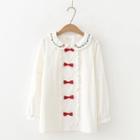 Floral Embroidered Bow Accent Ruffle Blouse White - One Size