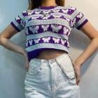 Short Sleeve Butterfly Print Sweater Purple - One Size
