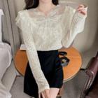 Long-sleeve Bow Accent Mesh Panel Lace Top