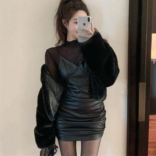 Long-sleeve Mesh Top / Mini Sheath Overall Dress / Fleece Jacket