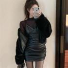 Long-sleeve Mesh Top / Mini Sheath Overall Dress / Fleece Jacket