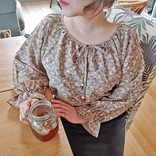 Tie-neck Raglan-sleeve Floral Blouse
