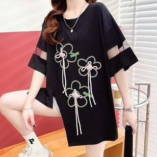 Elbow-sleeve Mesh Panel Flower T-shirt