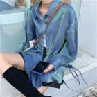 Long-sleeve Slit Shirt Bluish Green - One Size