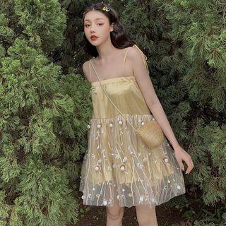 Set Of 2: Spaghetti-strap Mini Dress + Plain Shorts As Shown In Figure - One Size