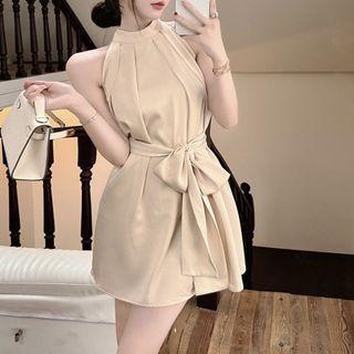 Halter Tie-waist Mini Smock Dress