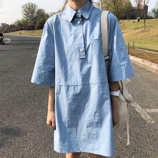 Buttoned Elbow-sleeve Mini Shift Dress Blue - One Size
