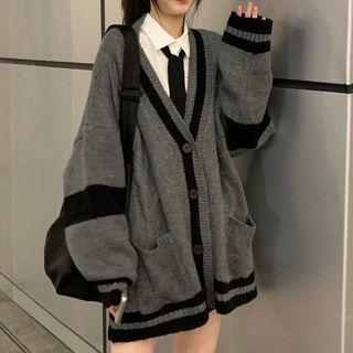 Contrast Trim Cardigan / Shirt / Neck Tie / Set